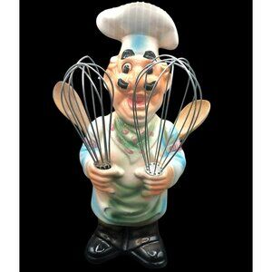 VTG Italian Chef Ceramic Utensil Holder 12.5" Fun Kitchen Decor Includes Whisks
